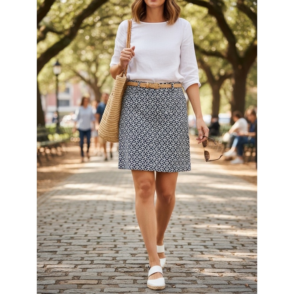 Charter Club Skort Women 6 Navy Blue White Geometric Lattice Print Stretch Skirt